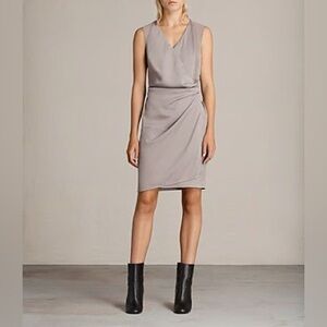 AllSaints Anika Draped Wrap Dress – Taupe / Greige